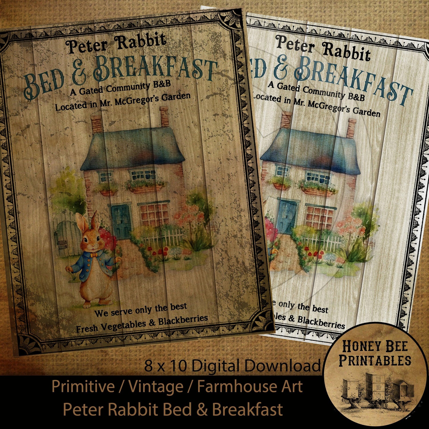 Vintage Prim Farmhouse Peter Rabbit Bed & Breakfast Spring Easter Digital Instant Download Printable Sublimation 8x10 JPEG Cans Jars Labels