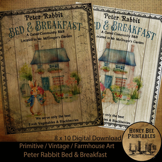 Vintage Prim Farmhouse Peter Rabbit Bed & Breakfast Spring Easter Digital Instant Download Printable Sublimation 8x10 JPEG Cans Jars Labels