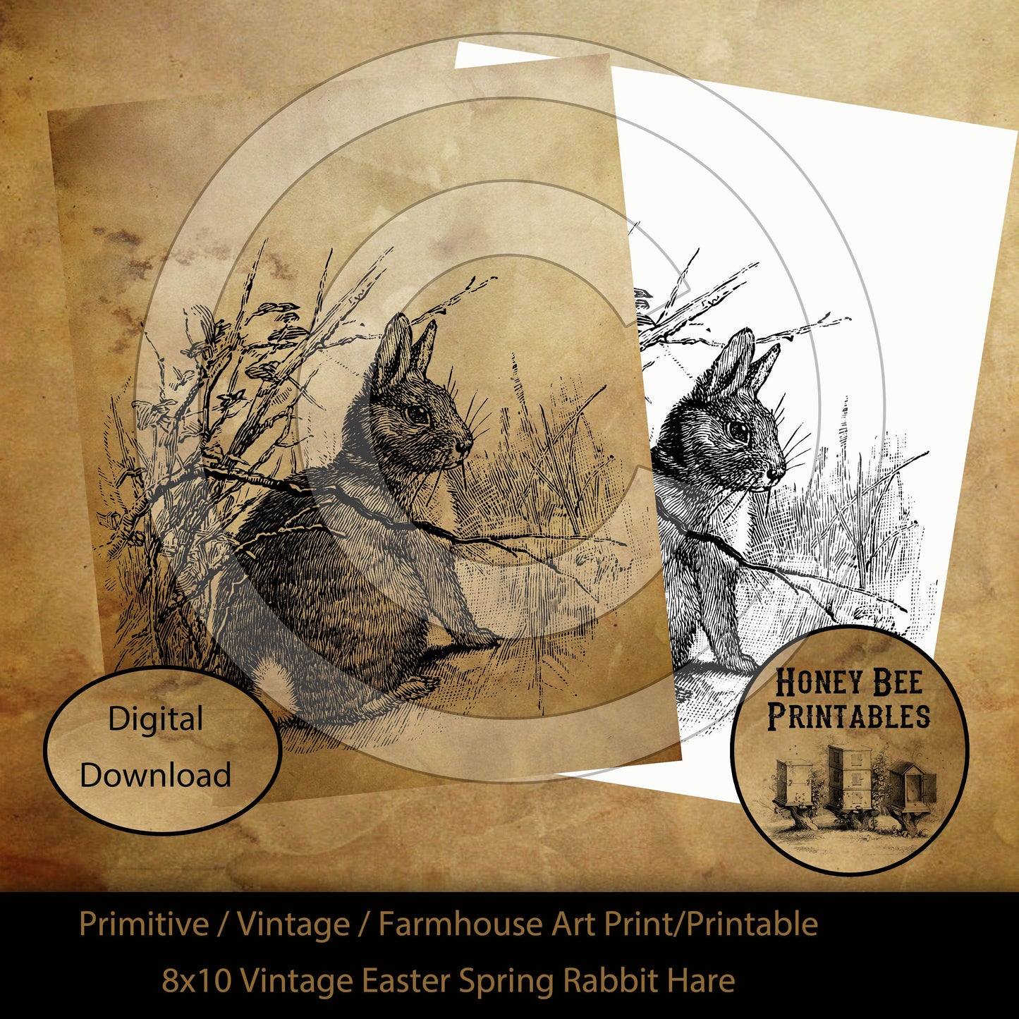 Vintage Primitive Farmhouse Spring Easter Rabbit Print Digital Instant Download Printable Sublimation 8x10 JPEG
