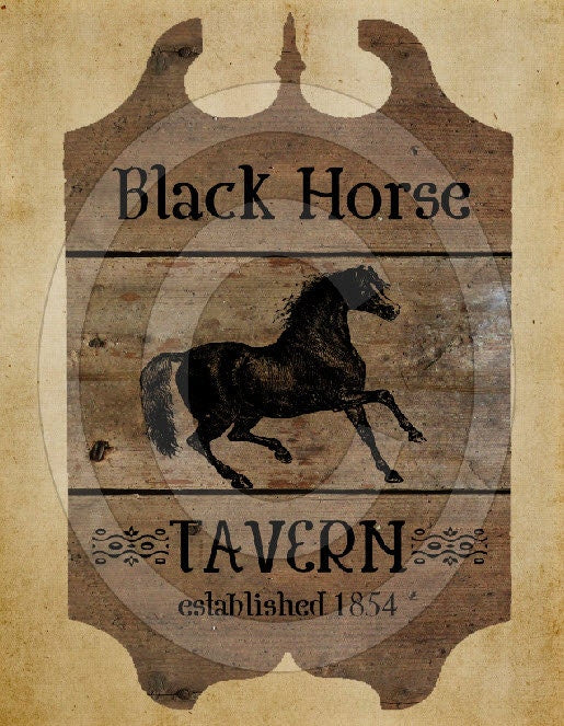 Primitive Black Horse Tavern Pub Sign Feedsack Feed Sack Logo Printable Digital Instant Download JPEG - Pillows,Framed Prints,Labels, Wood