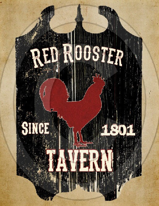 Primitive Red Rooster Tavern Pub Sign Feedsack Feed Sack Logo Printable Digital Instant Download JPEG Pillows Framed Prints Labels Wood
