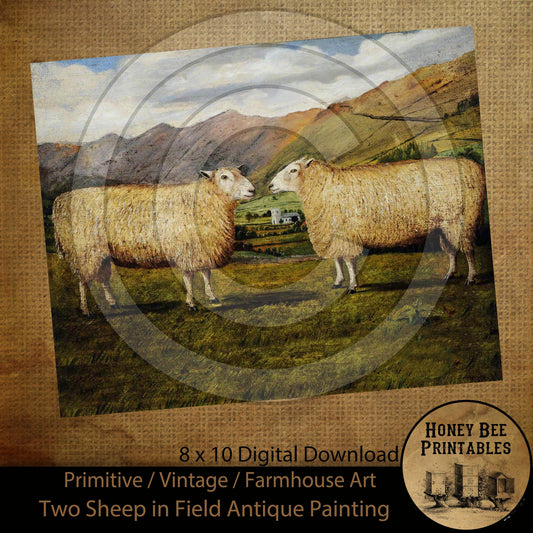 Vintage Antique Painting Two Sheep in Field Digital Instant Download Printable Sublimation 8x10 JPEG Cans Label Journal