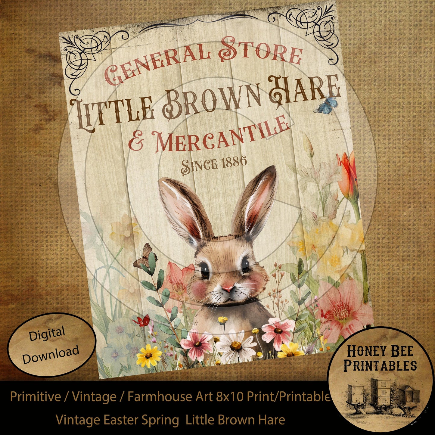 Vintage Primitive Farmhouse Spring Little Brown Hare Easter Digital Instant Download Printable Sublimation 8x10 JPEG Cans Jars Labels
