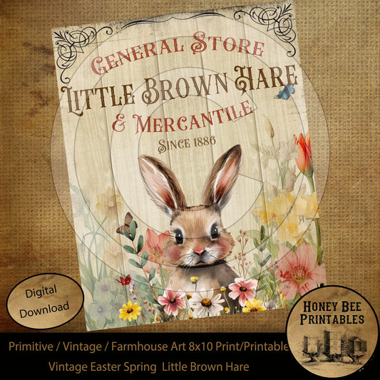 Vintage Primitive Farmhouse Spring Little Brown Hare Easter Digital Instant Download Printable Sublimation 8x10 JPEG Cans Jars Labels