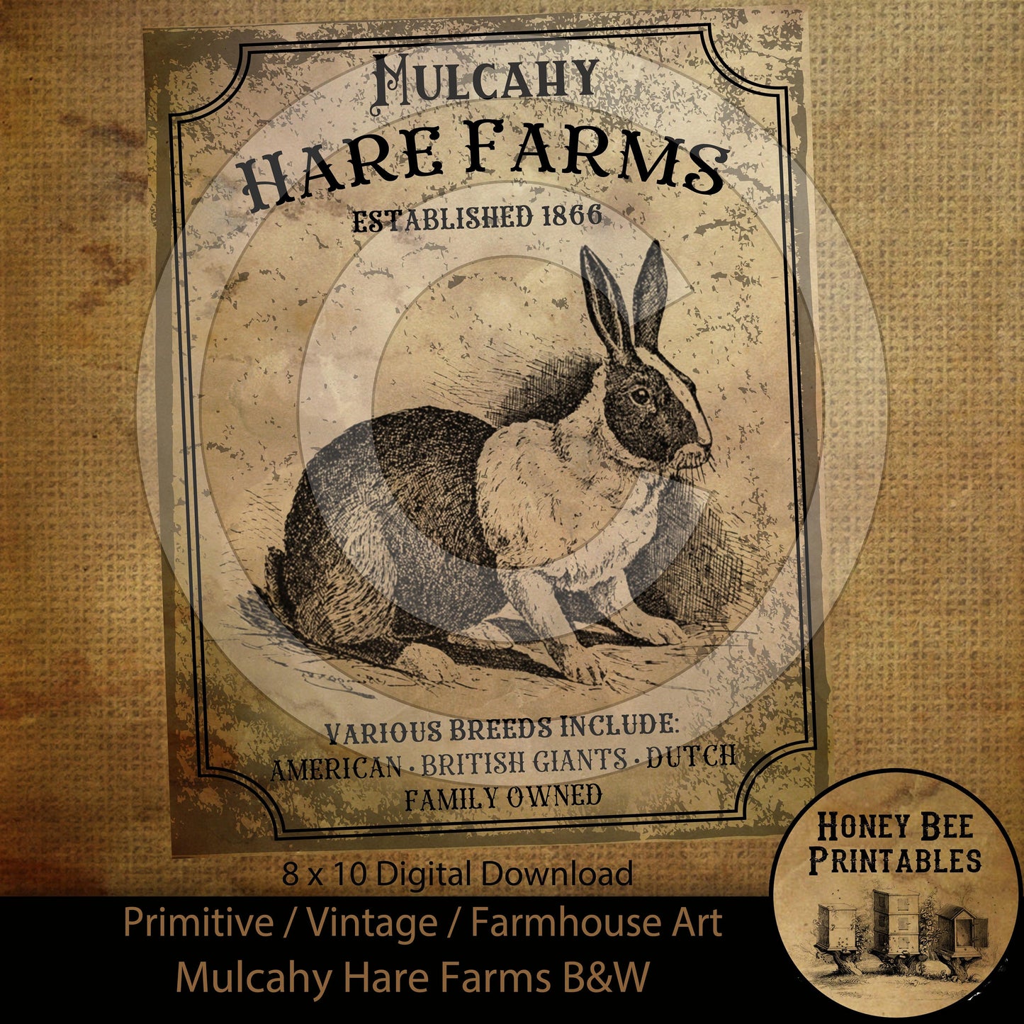 Vintage Primitive Farmhouse Spring Easter Mulcahy Hare Rabbit Farms B&W Print Digital Instant Download Printable Sublimation 8x10 JPEG