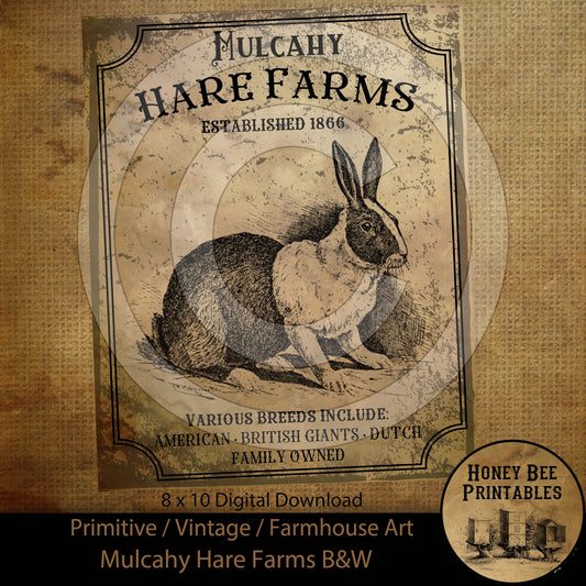 Vintage Primitive Farmhouse Spring Easter Mulcahy Hare Rabbit Farms B&W Print Digital Instant Download Printable Sublimation 8x10 JPEG