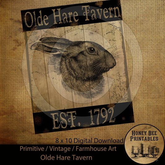 Vintage Primitive Farmhouse Spring Easter Olde Hare Tavern Rabbit Print Digital Instant Download Printable Sublimation 8x10 JPEG