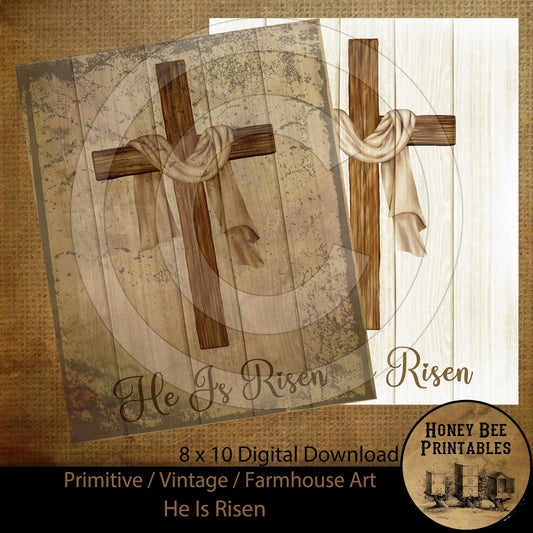 Vintage Primitive Farmhouse Spring Easter Jesus He is Risen Cross Digital Instant Download Printable Sublimation 8x10 JPEG Cans Jars Labels