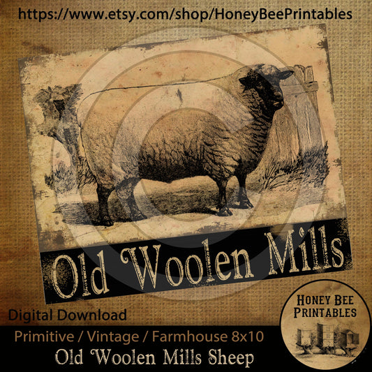 Vintage Primitive Farmhouse Old Woolen Mills Sheep Digital Instant Download Printable Sublimation 8x10 JPEG Cans Jars Labels
