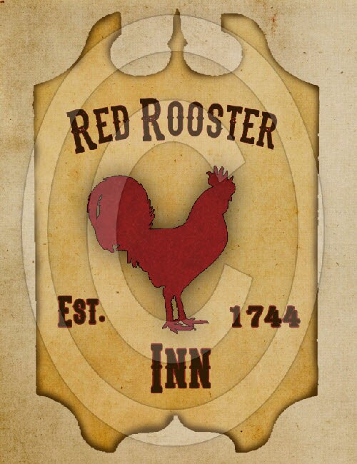 Primitive Red Rooster Inn Tavern Pub Sign Feedsack Feed Sack Logo Printable Digital Instant Download JPEG Pillows Framed Prints Labels Wood