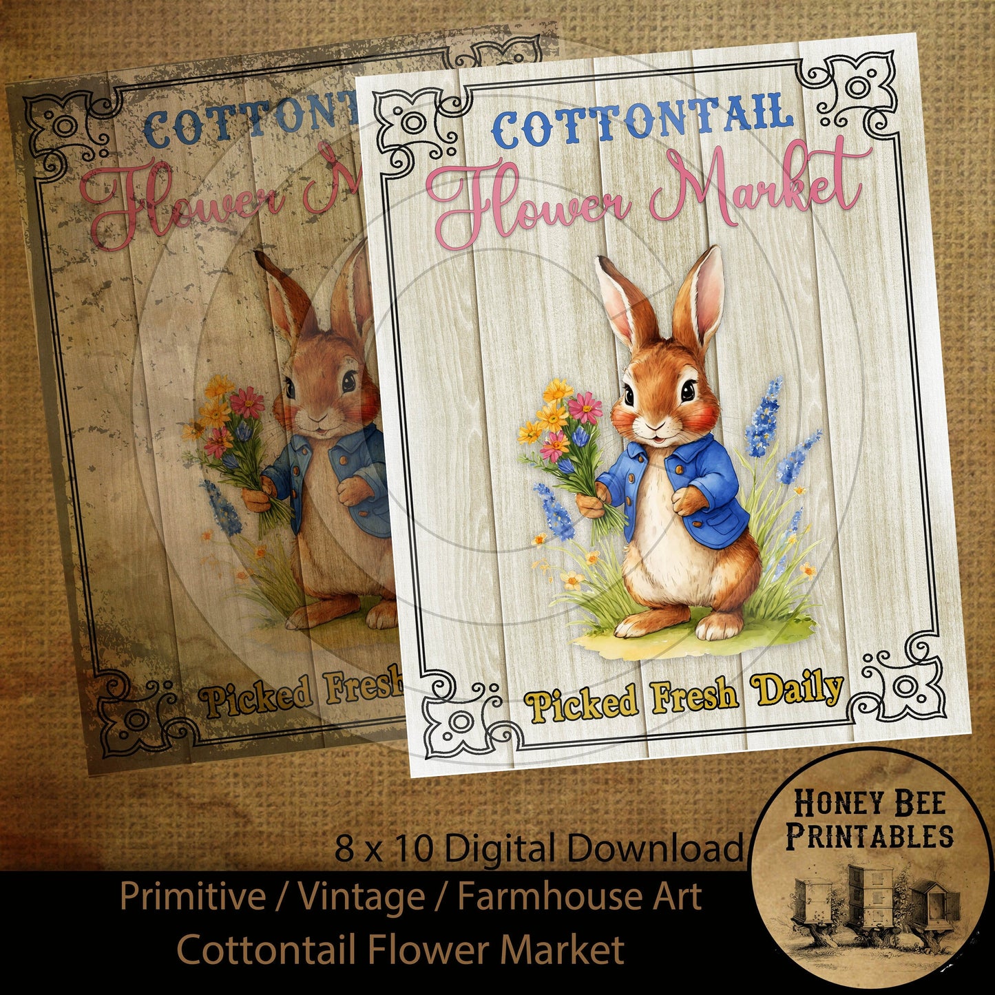 Vintage Primitive Farmhouse Cottontail Flower Market Spring Easter Digital Instant Download Printable Sublimation 8x10 JPEG Cans Jars Labels
