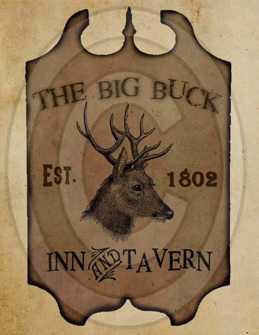 Primitive Big Buck Inn Tavern Pub Sign Feedsack Feed Sack Logo Printable Digital Instant Download JPEG Pillows Framed Prints Labels Wood