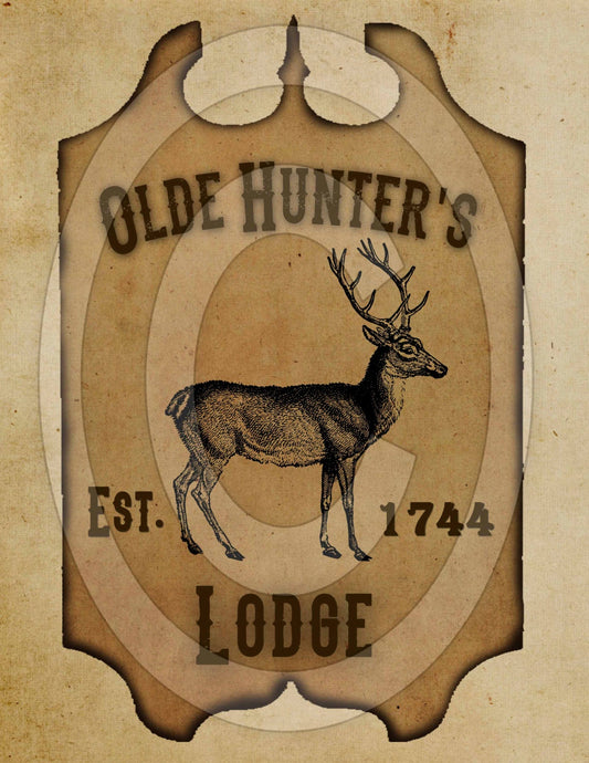 Prim Olde Hunters Lodge Tavern Pub Sign Feedsack Feed Sack Logo Printable Digital Instant Download JPEG Pillows Framed Prints Labels Wood