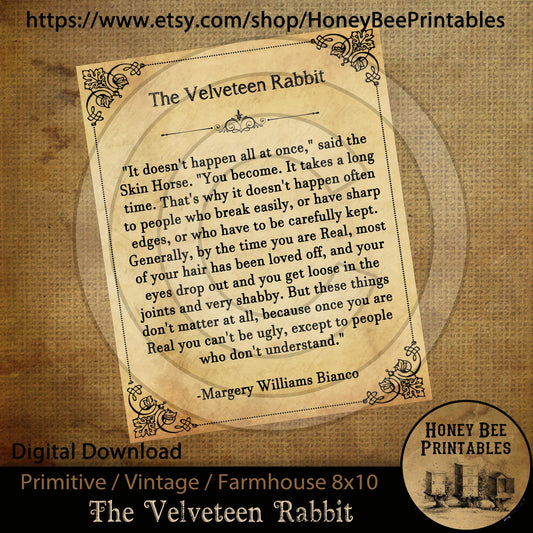Vintage Primitive Farmhouse Velveteen You Become Real Digital Instant Download Printable Sublimation 8x10 JPEG Cans Jars Labels
