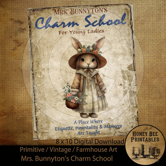 Vintage Prim Farmhouse Mrs. Bunnyton Charm School Spring Easter Digital Instant Download Printable Sublimation 8x10 JPEG Cans Jars Labels