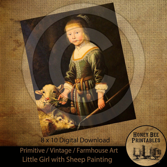 Vintage Antique Painting Young Girl with Sheep Digital Instant Download Printable Sublimation 8x10 JPEG Cans Label Journal