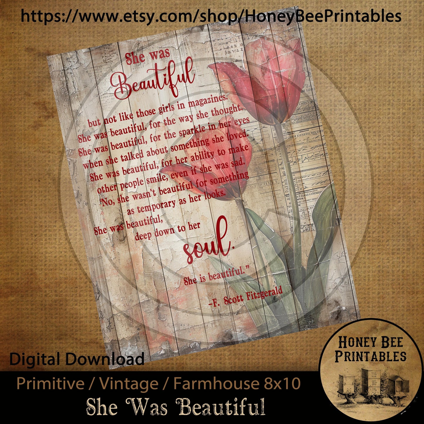 Vintage Primitive Farmhouse Instant Download Printable Sublimation Decoupage 8x10 JPEG Labels She Was Beautiful F. Scott Fitzgerald Mother
