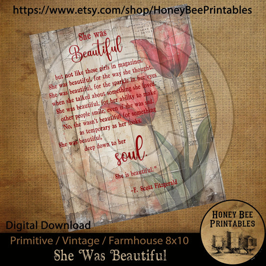 Vintage Primitive Farmhouse Instant Download Printable Sublimation Decoupage 8x10 JPEG Labels She Was Beautiful F. Scott Fitzgerald Mother