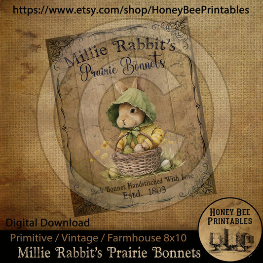 Vintage Primitive Farmhouse Millie Rabbit's Prairie Bonnets Easter Digital Instant Download Printable Sublimation 8x10 JPEG Cans Jars Labels