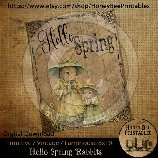 Vintage Primitive Farmhouse Hello Spring Rabbits Easter Digital Instant Download Printable Sublimation 8x10 JPEG Cans Jars Labels