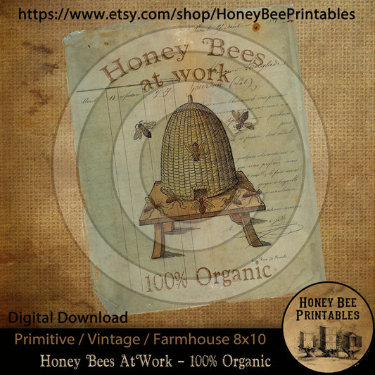 Vintage Primitive Farmhouse Instant Download Printable Sublimation Decoupage 8x10 JPEG Cans Labels Honey Bee At Work Organic Spring Summer