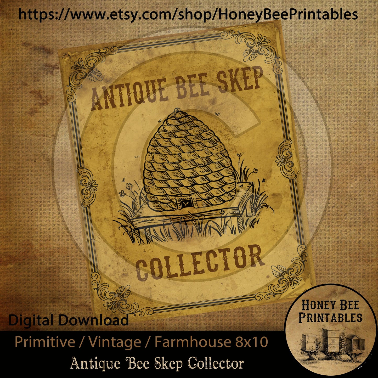 Vintage Primitive Farmhouse Instant Download Printable Sublimation Decoupage 8x10 JPEG Cans Labels Antique Honey Bee Skep Collector
