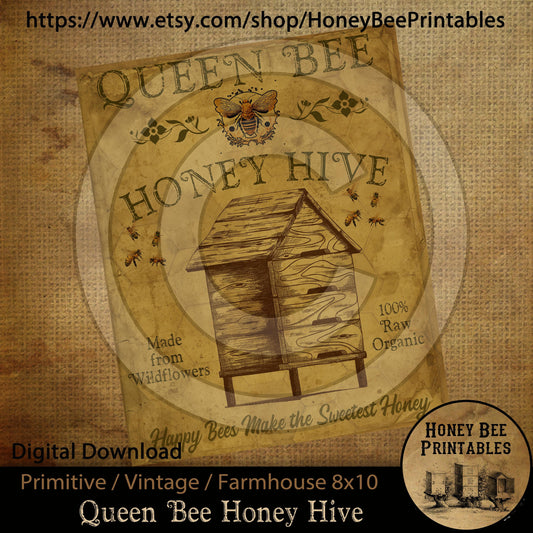 Vintage Primitive Farmhouse Instant Download Printable Sublimation Decoupage 8x10 JPEG Cans Labels Queen Bee Honey Hive Skep Summer