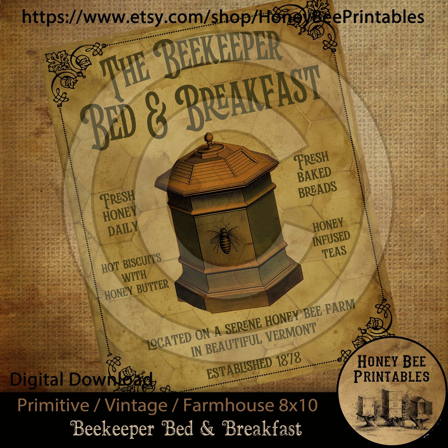 Vintage Primitive Farmhouse Instant Download Printable Sublimation Decoupage 8x10 JPEG Cans Labels Beekeeper Bed & Breakfast Bee skep honey