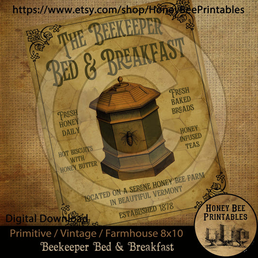 Vintage Primitive Farmhouse Instant Download Printable Sublimation Decoupage 8x10 JPEG Cans Labels Beekeeper Bed & Breakfast Bee skep honey