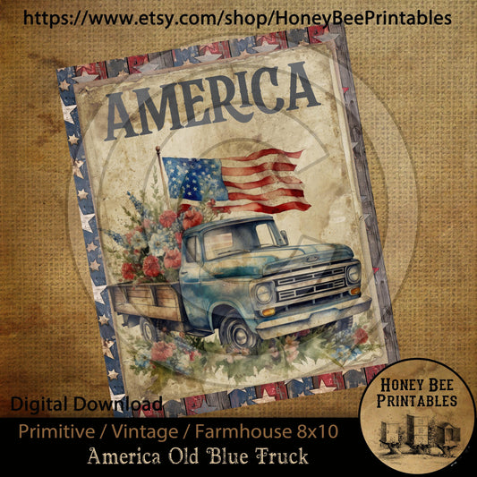 Vintage Primitive Farmhouse Instant Download Printable Sublimation Decoupage 8x10 Cans Labels Patriotic Americana Old Blue Truck Flag Grungy