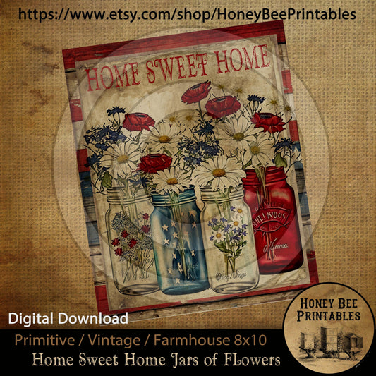 Vintage Primitive Farmhouse Instant Download Printable 8x10 Sublimation Decoupage Cans Labels Patriotic Americana Jar Flow Home Sweet Home