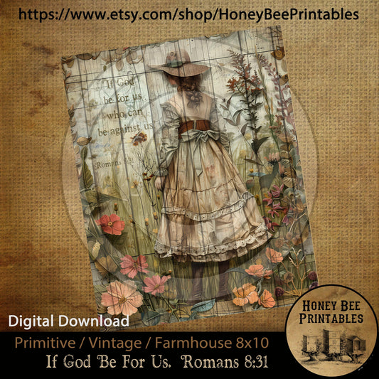Vintage Primitive Farmhouse Instant Download Printable Sublimation Decoupage 8x10 JPEG Labels If God Be For Us Who Can Be Against Us Romans