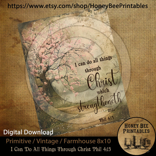 Vintage Primitive Farmhouse Instant Download Printable Sublimation Decoupage JPEG Labels Philippians 4:13 I Can Do All Things Through Christ