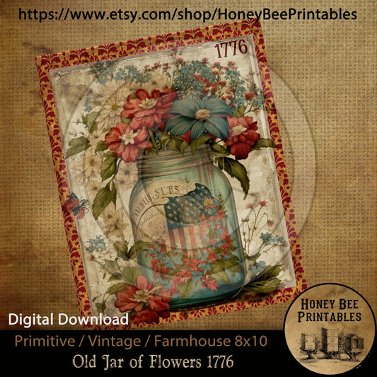 Vintage Primitive Farmhouse Instant Download Printable 8x10 Sublimation Decoupage Cans Labels Patriotic Americana Flowers in Jar Flag Floral