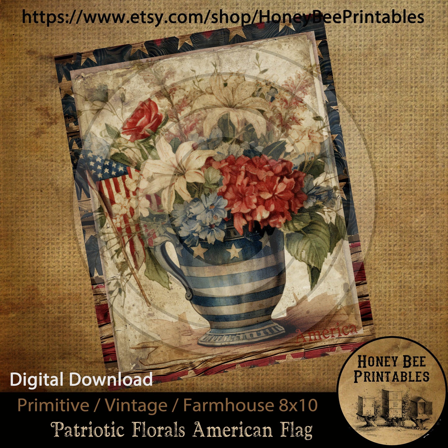 Vintage Primitive Farmhouse Instant Download Printable 8x10 Sublimation Decoupage Patriotic Americana Flag Florals Flower Arrangement USA