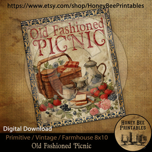 Vintage Primitive Farmhouse Digital Download Printable 8x10 JPEG Sublimation Decoupage Patriotic Americana Old Fashioned Picnic Food Family