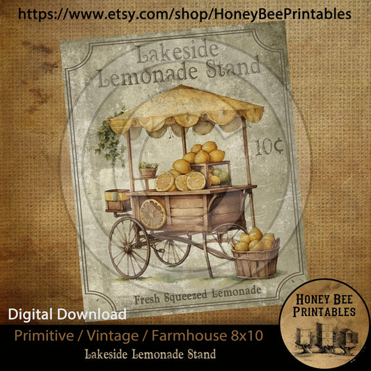 Vintage Primitive Farmhouse Instant Download Printable Sublimation Decoupage JPEG Labels Lakeside Lemonade Stand Lemons Spring Summer