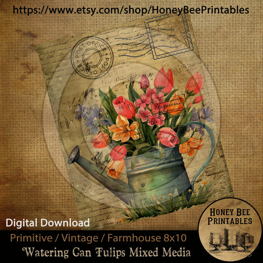 Vintage Primitive Farmhouse Instant Download Printable Sublimation Decoupage JPEG Labels Watering Can Tulips Spring Summer Mixed Media