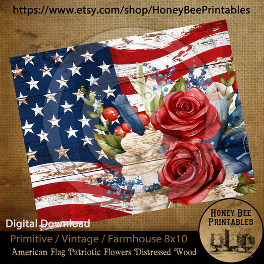 Vintage Primitive Farmhouse Instant Download Printable Sublimation Decoupage JPEG Labels American Flag Patriotic Flowers Red White Blue Rose