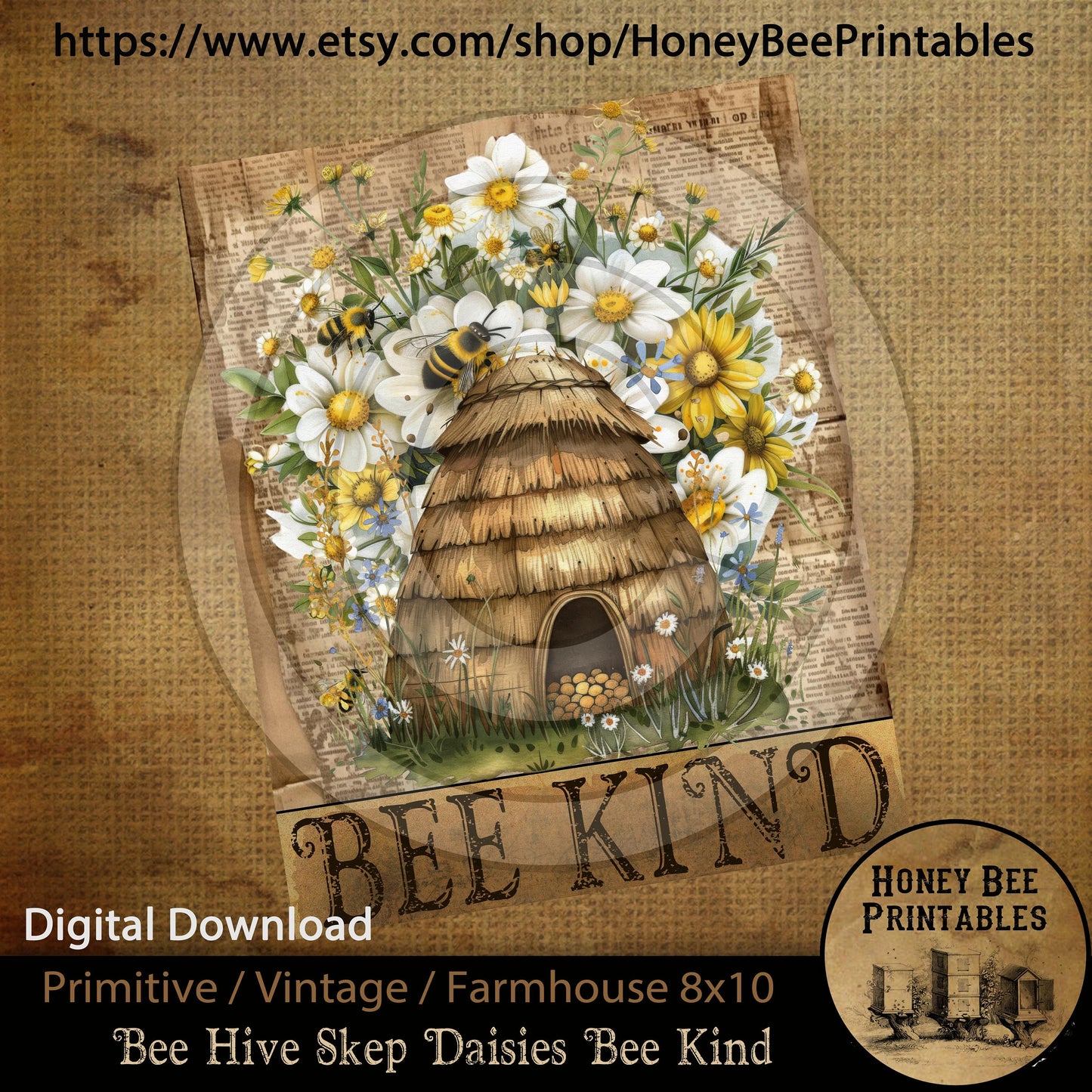 Vintage Primitive Farmhouse Instant Download Printable Sublimation Decoupage JPEG Labels Bee Skep Bee Hive Bee Kind Daisies Honey Summer