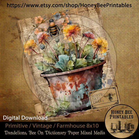 Vintage Primitive Farmhouse Instant Download Printable Sublimation Decoupage JPEG Labels Dandelions Pot Grungy Mixed Media Bees Dictionary
