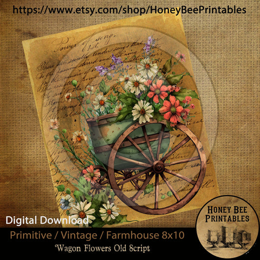 Vintage Primitive Farmhouse Digital Download Printable Sublimation Decoupage JPEG Labels Floral Flower Old Wagon Old Script Flowers in Wagon