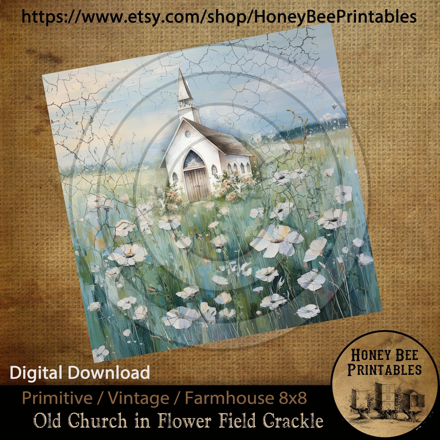 Vintage Primitive Farmhouse  Digital Download Printable Sublimation Decoupage JPEG 8x8 Old Country Church Field of Flowers Crackle Finish