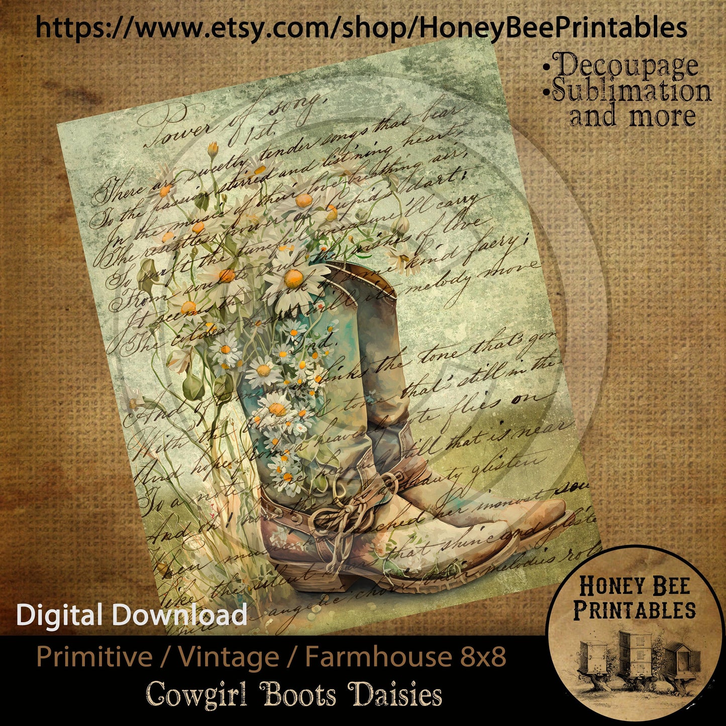 Vintage Primitive Farmhouse Digital Download Printable Sublimation Decoupage 8x10 Cans Labels Spring Western Cowgirl Boots Daisies Script
