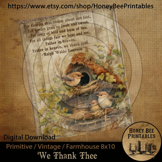 Vintage Primitive Farmhouse Instant Download Printable Sublimation Decoupage 8x10 JPEG Labels Father We Thank Thee Birds Nest Spring Emerson