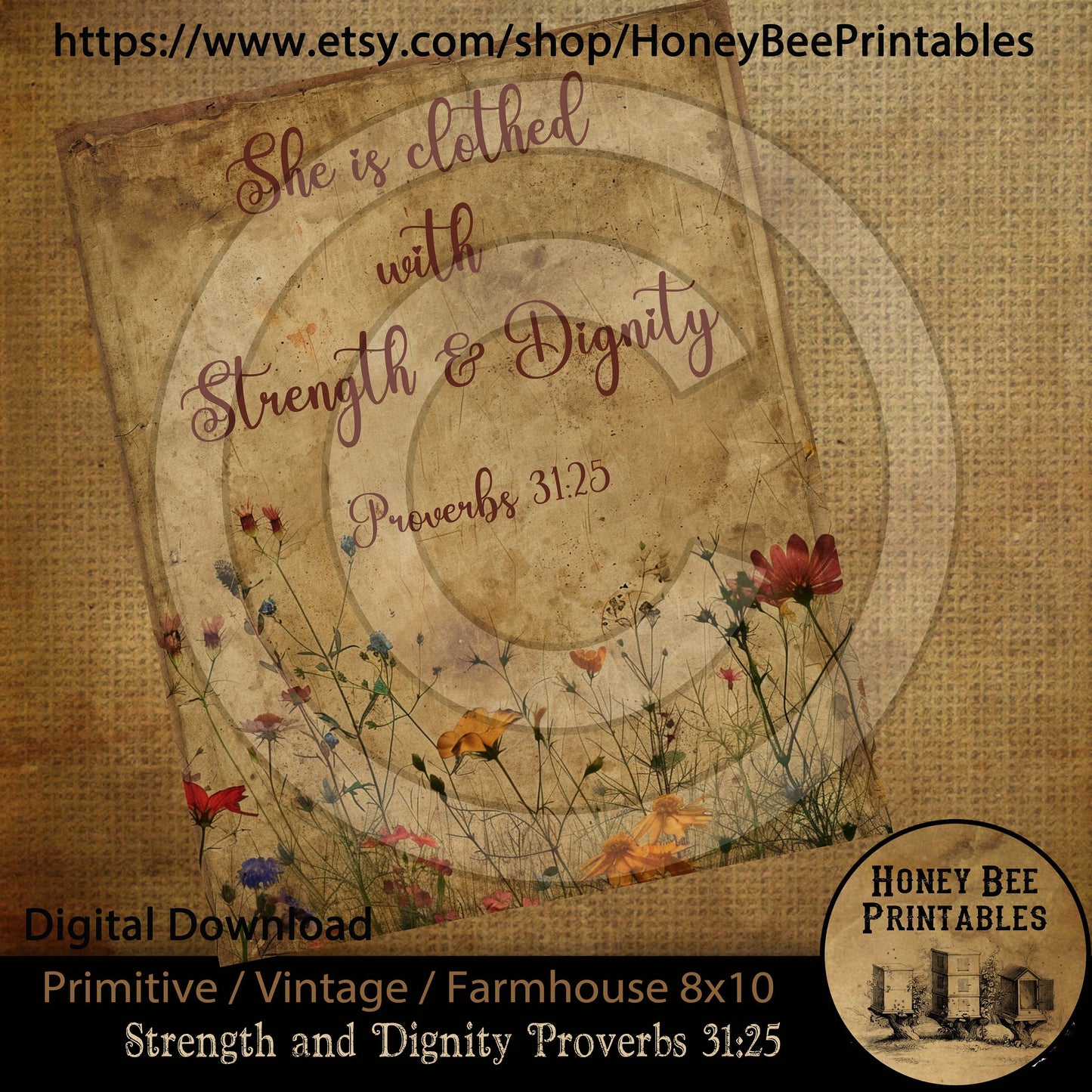 Vintage Primitive Farmhouse Instant Download Printable Sublimation Decoupage JPEG Labels She Is Clothed With Strength and Dignity Proverbs