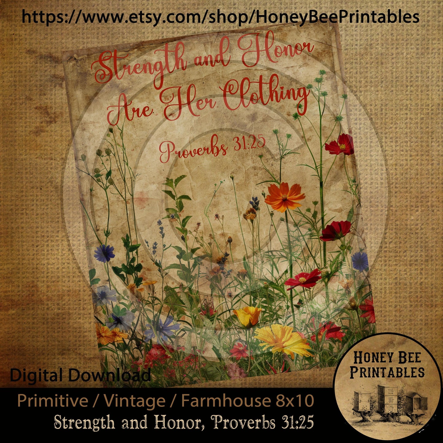 Vintage Primitive Farmhouse Instant Download Printable Sublimation Decoupage 8x10 JPEG Labels Strength and Honor are her clothing Proverbs