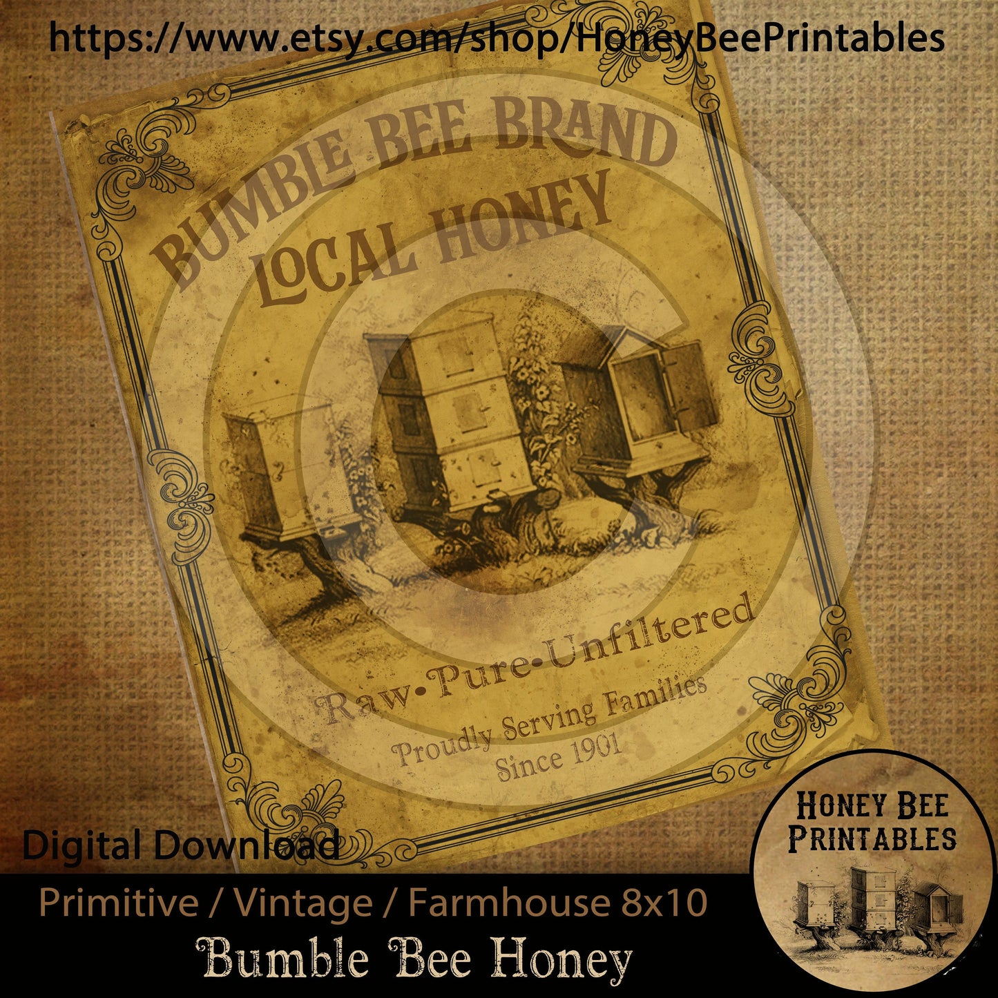 Vintage Primitive Farmhouse Instant Download Printable Sublimation Decoupage 8x10 JPEG Cans Labels Bumble Bee Local Honey Bee Skep Summer