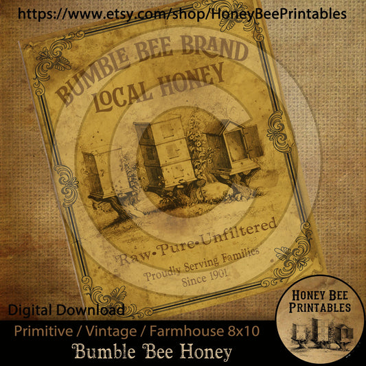 Vintage Primitive Farmhouse Instant Download Printable Sublimation Decoupage 8x10 JPEG Cans Labels Bumble Bee Local Honey Bee Skep Summer