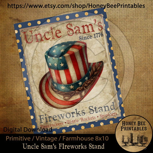 Vintage Primitive Farmhouse Instant Download Printable Sublimation Decoupage 8x10 Cans Labels Uncle Sam Fireworks Stand Patriotic Americana